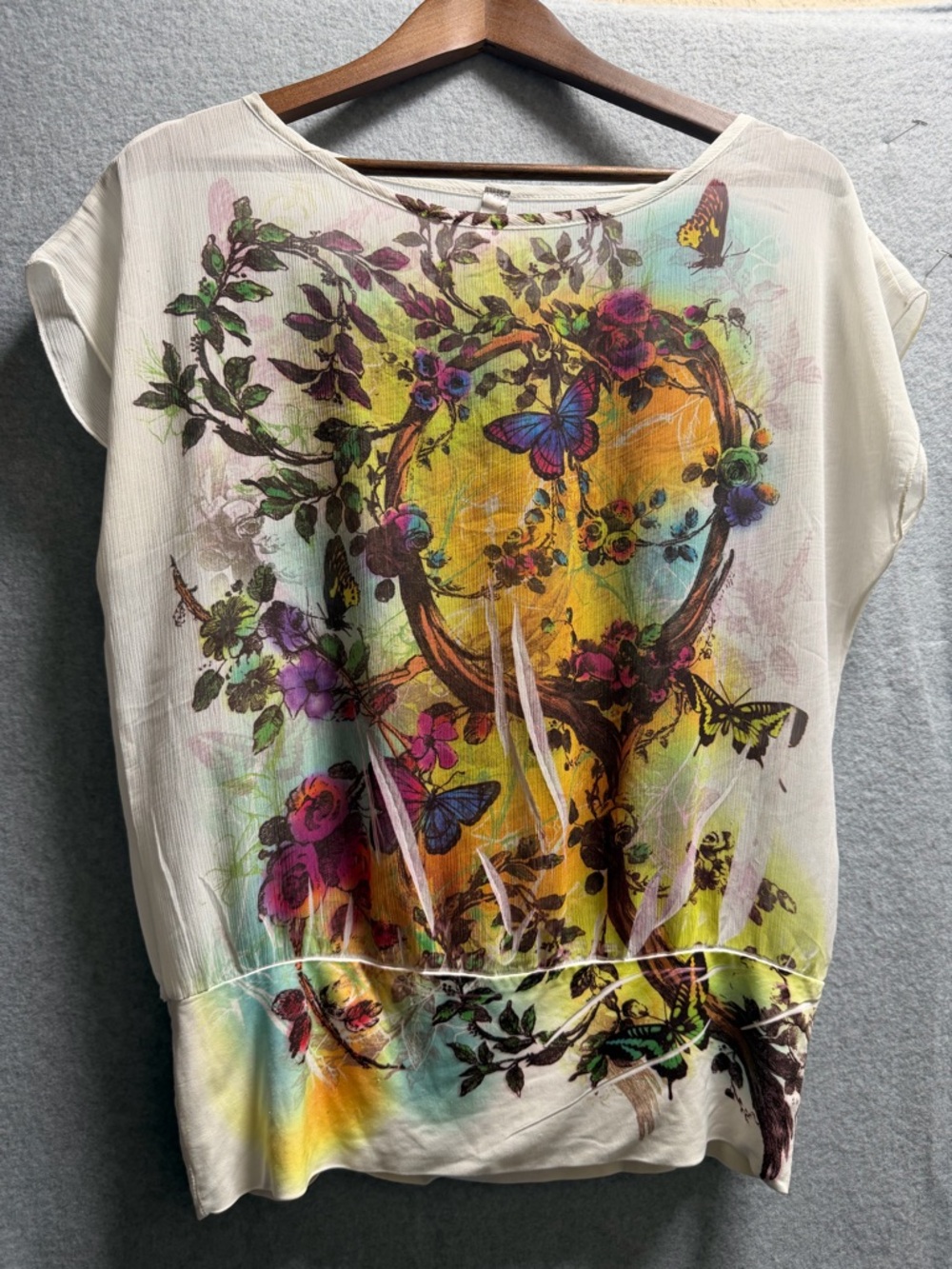 Ventti Cream Blouse with Colorful Butterfly & Floral Print